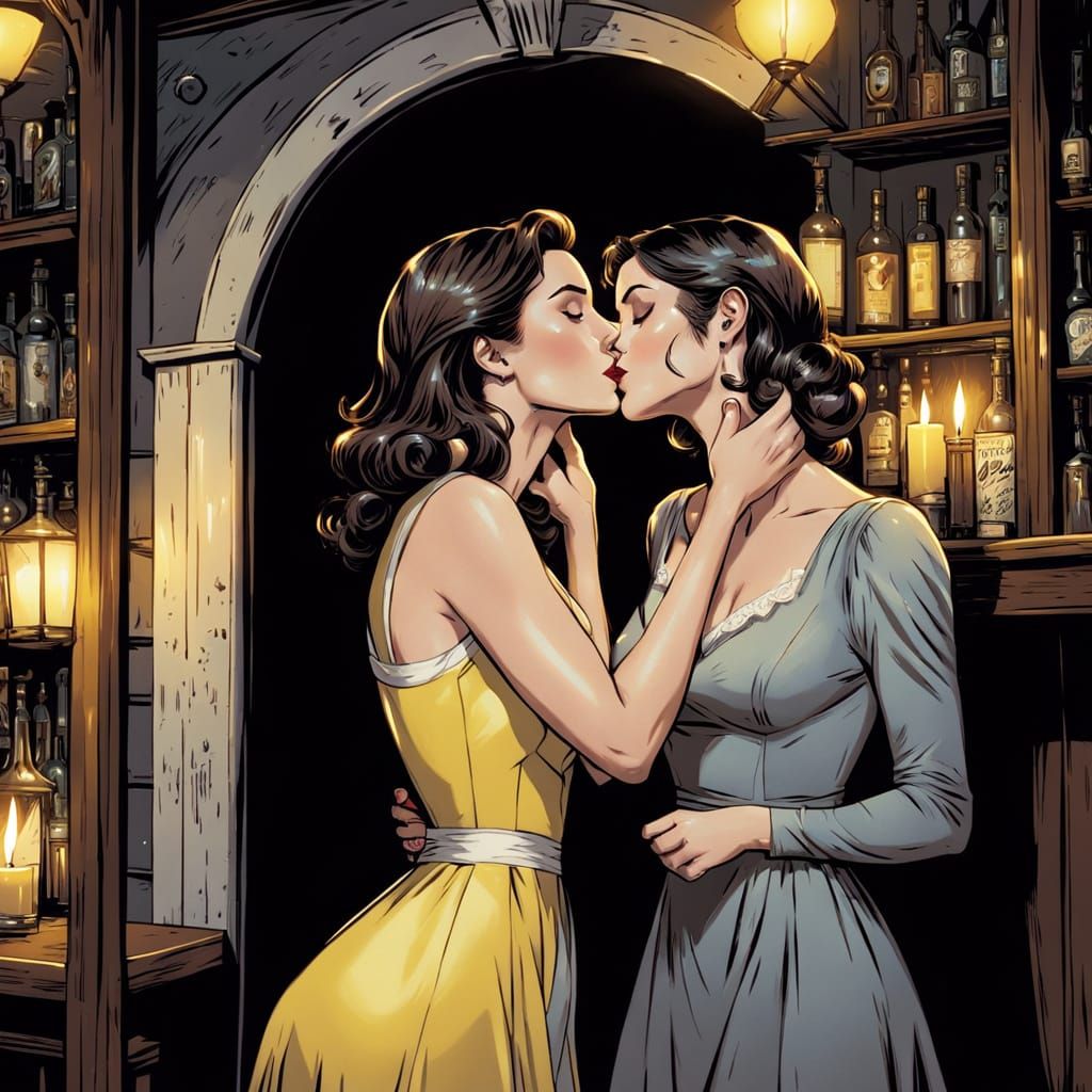 Lesbian Kiss in Vintage Bar, Comic Book Art