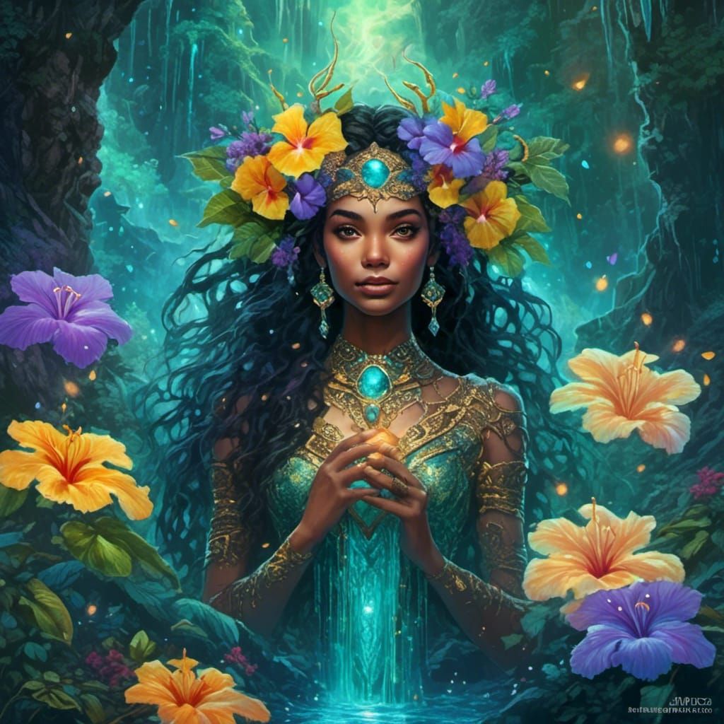 Night Jungle Waterfall with Iridescent Elf Woman