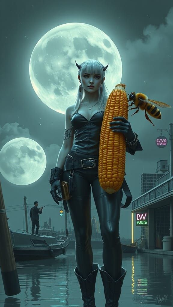 Lunarpunk Character with Cybernetic Implants in Canaletto St...