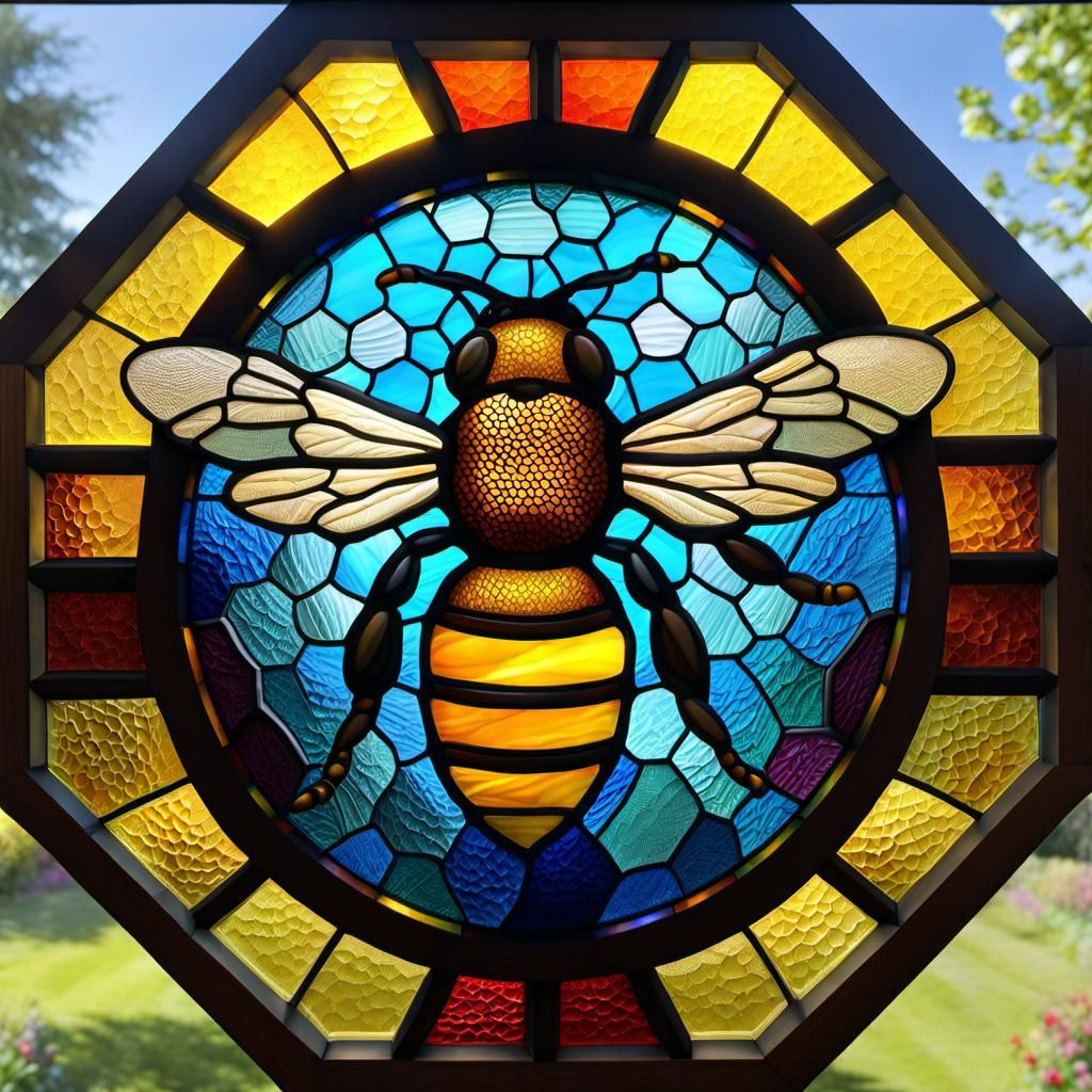 Hyperrealistic Stained Glass Honeybee Window