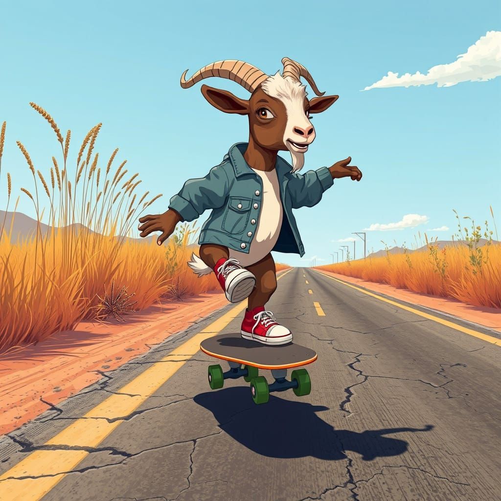 Goat Cruises Sunset Asphalt in Vibrant Digital Art
