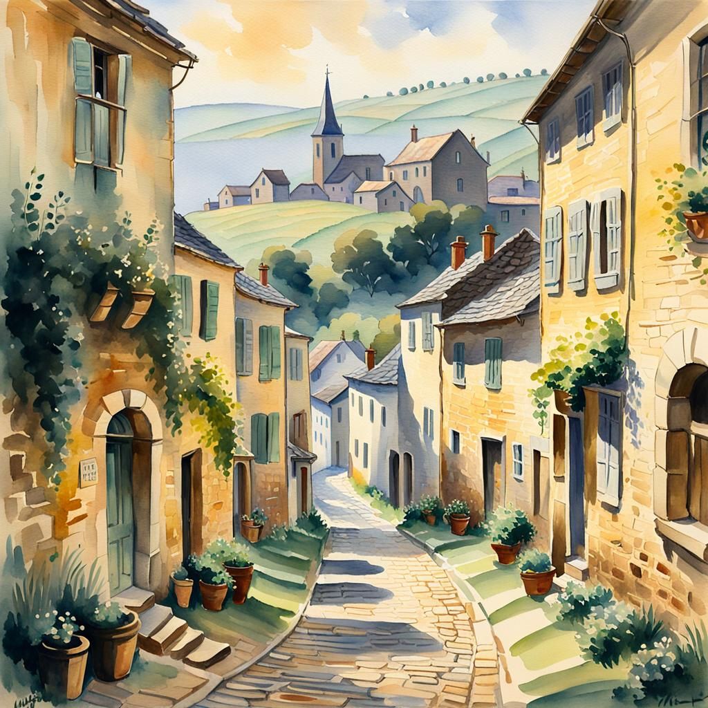 Sunlit Village in Watercolor Gouache Style