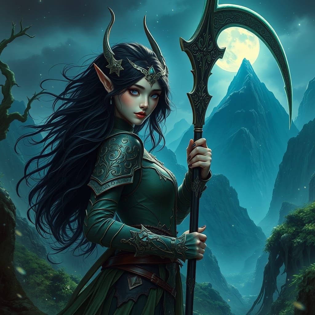 Ethereal Elven Warrior in Moonlit Landscape