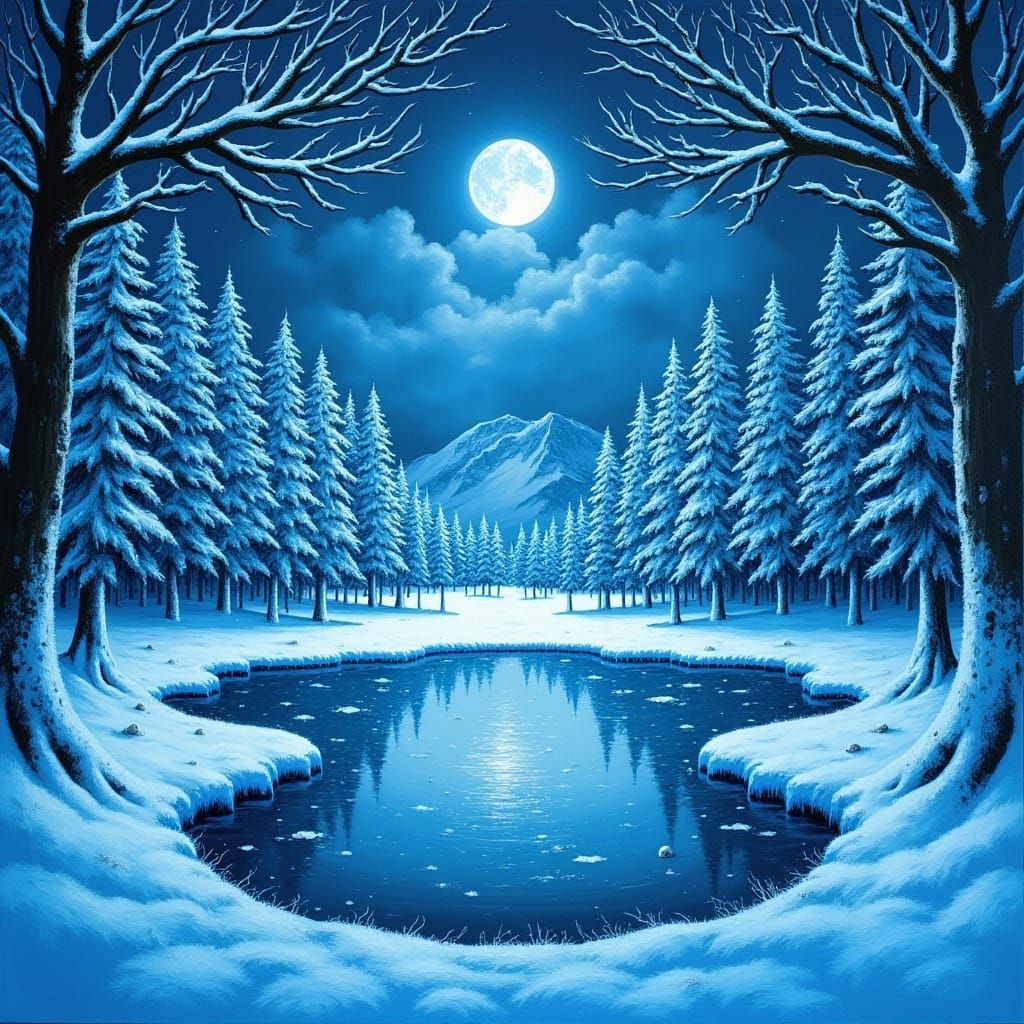Surreal Snow Forest Under Full Moon in Dreamlike Atmosphere