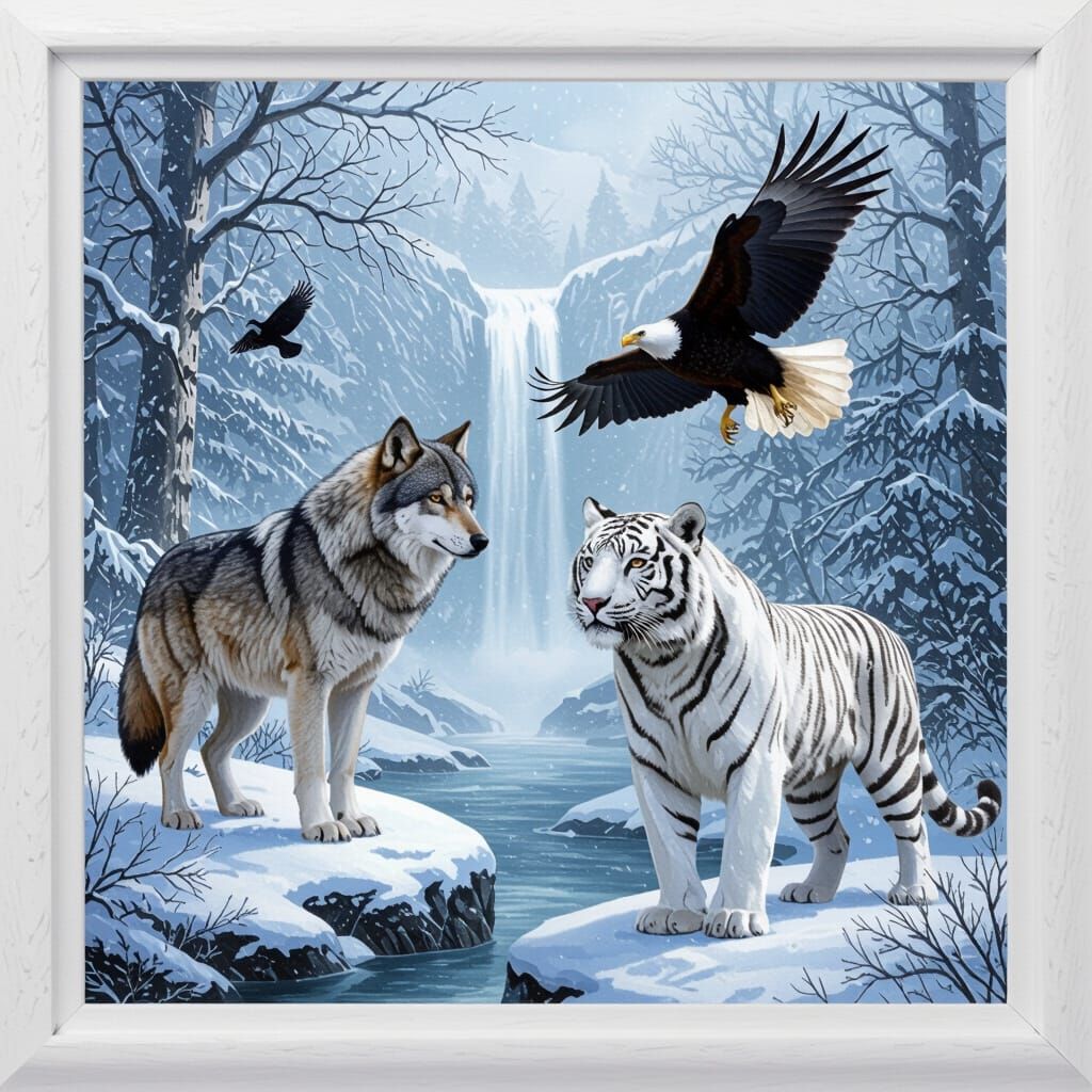 Wolf, Tiger, Raven, and Eagle in Winter Forest