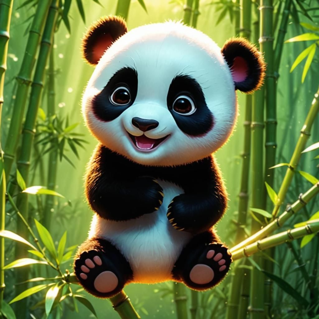 Happy Chibi Panda in Bamboo Forest, 3D Render