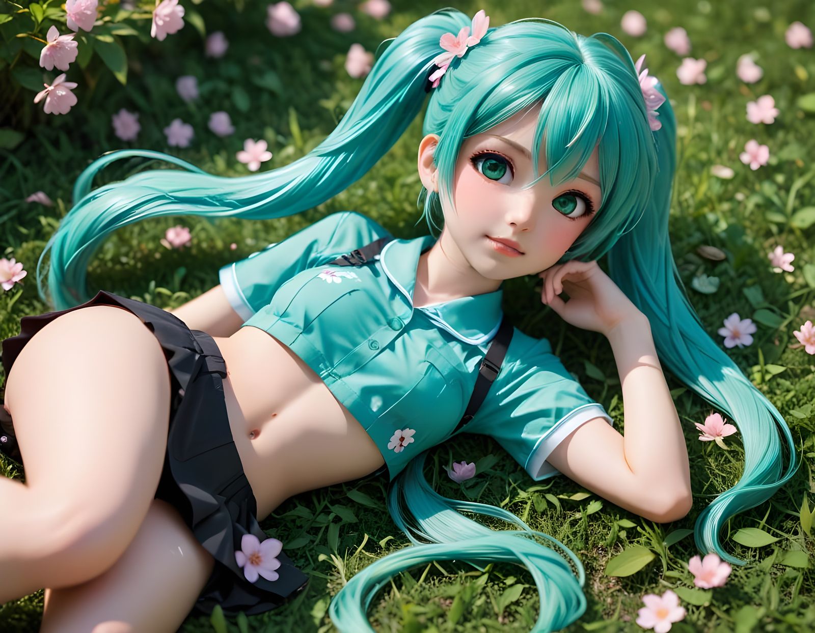 Chibi Hatsune Miku Lying in Green Field