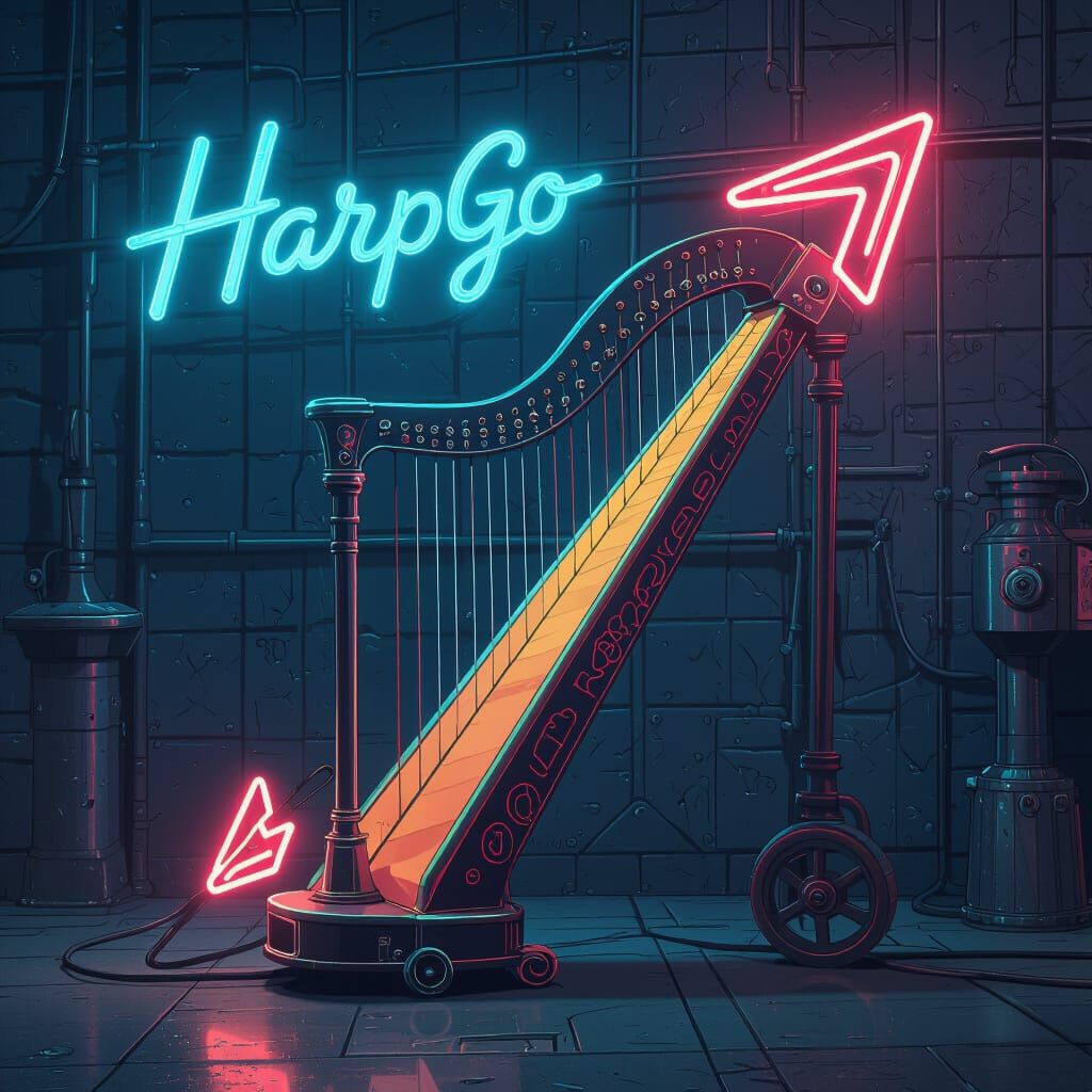 Arrow-Shaped Harp on Dolly with Logo, in Neon Style