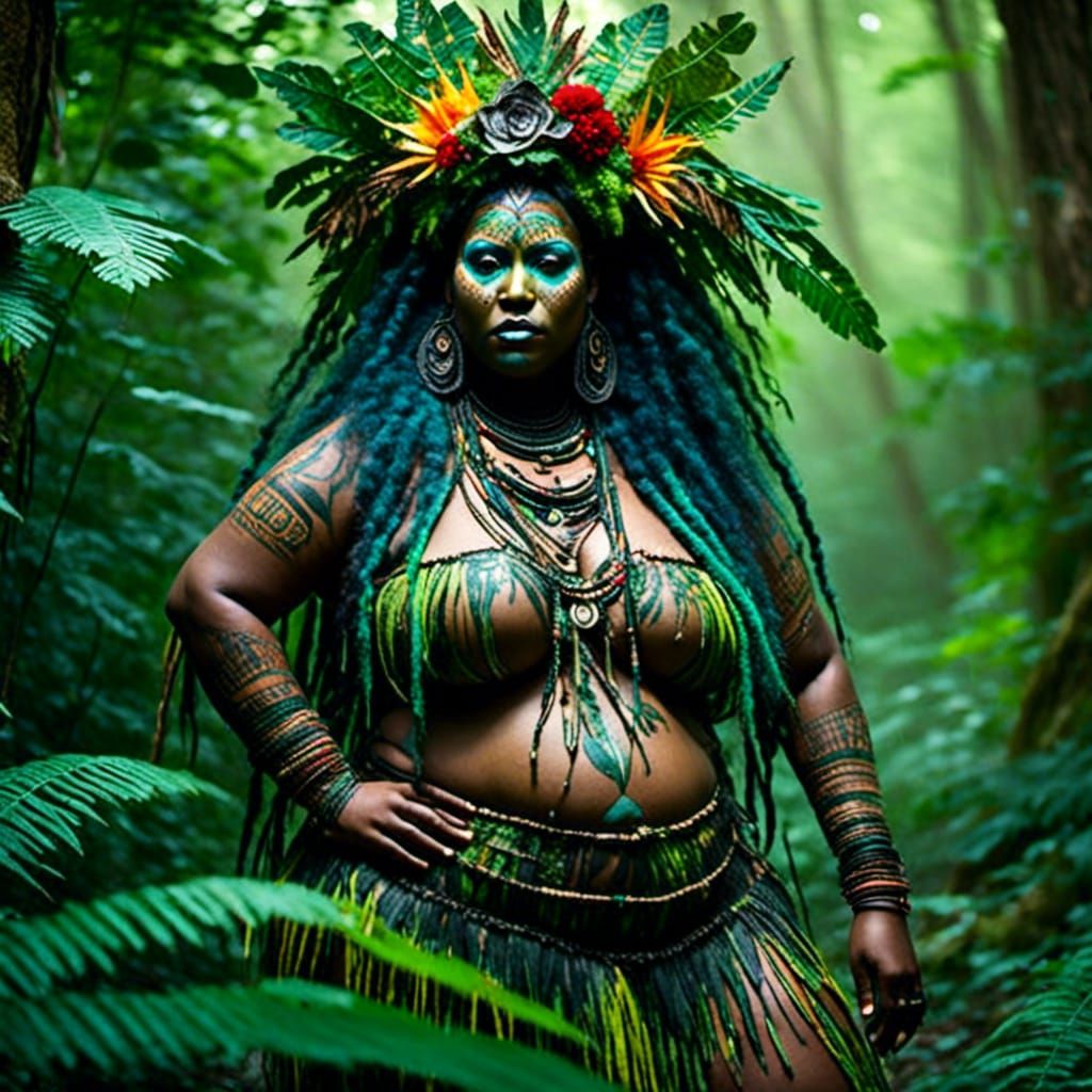 Tribal Forest Goddess in Lush Jungle