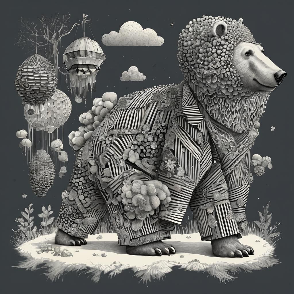 Polar Bear in Suit with Honeycombs, Pencil Drawing