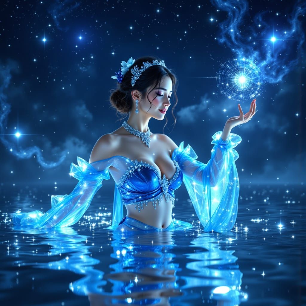 Asian Enchantress Casting Spell Under Starry Sky