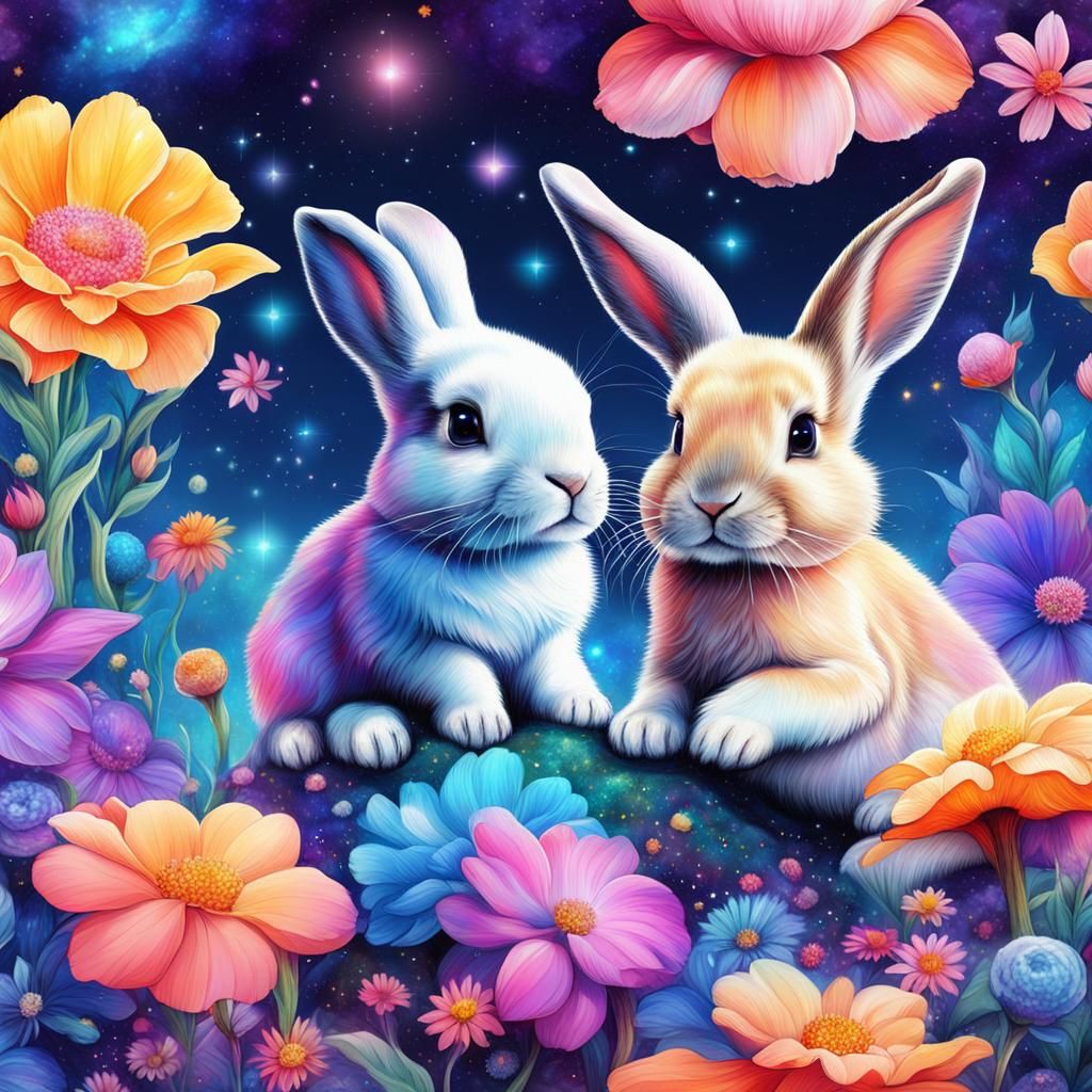 Cosmic Bunnies in Flowers: A Pablo Amaringo-Inspired Illustr...