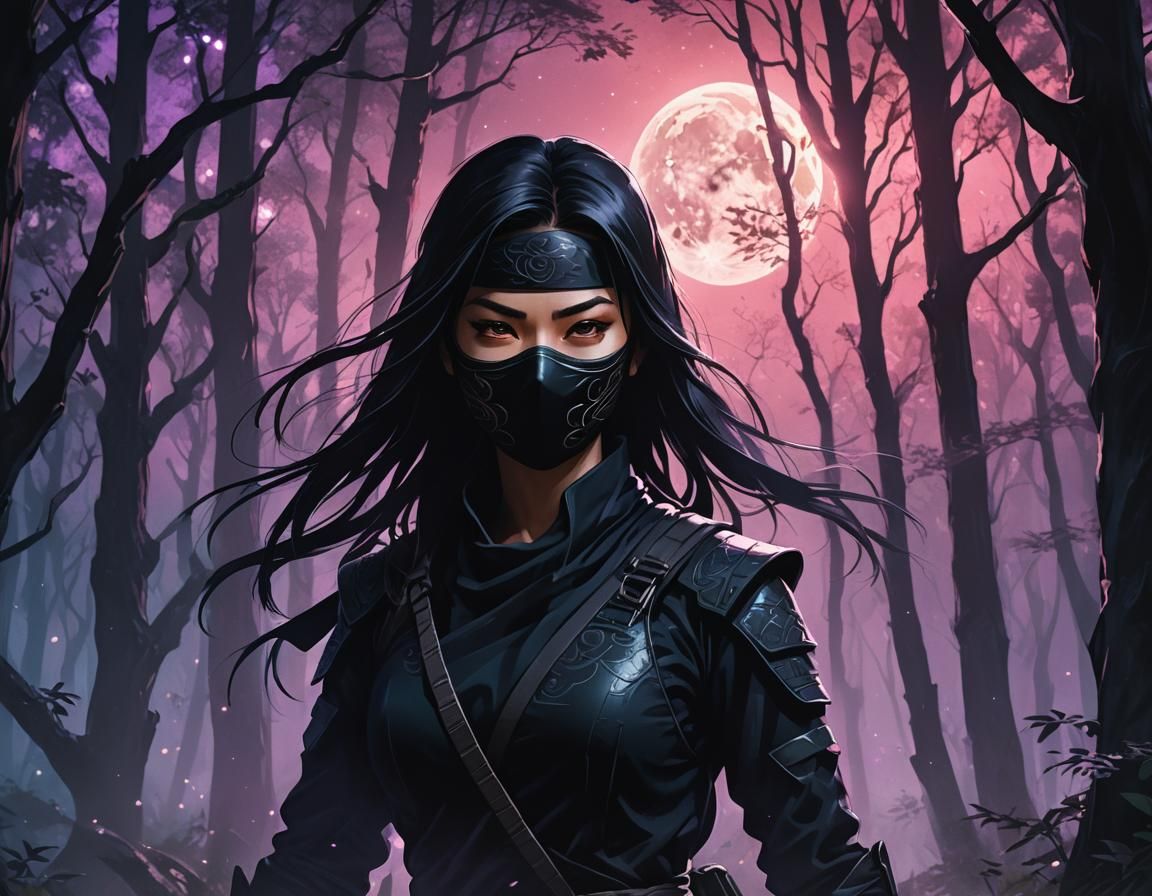Mysterious Ninja in Moonlit Forest: Astral Illustration