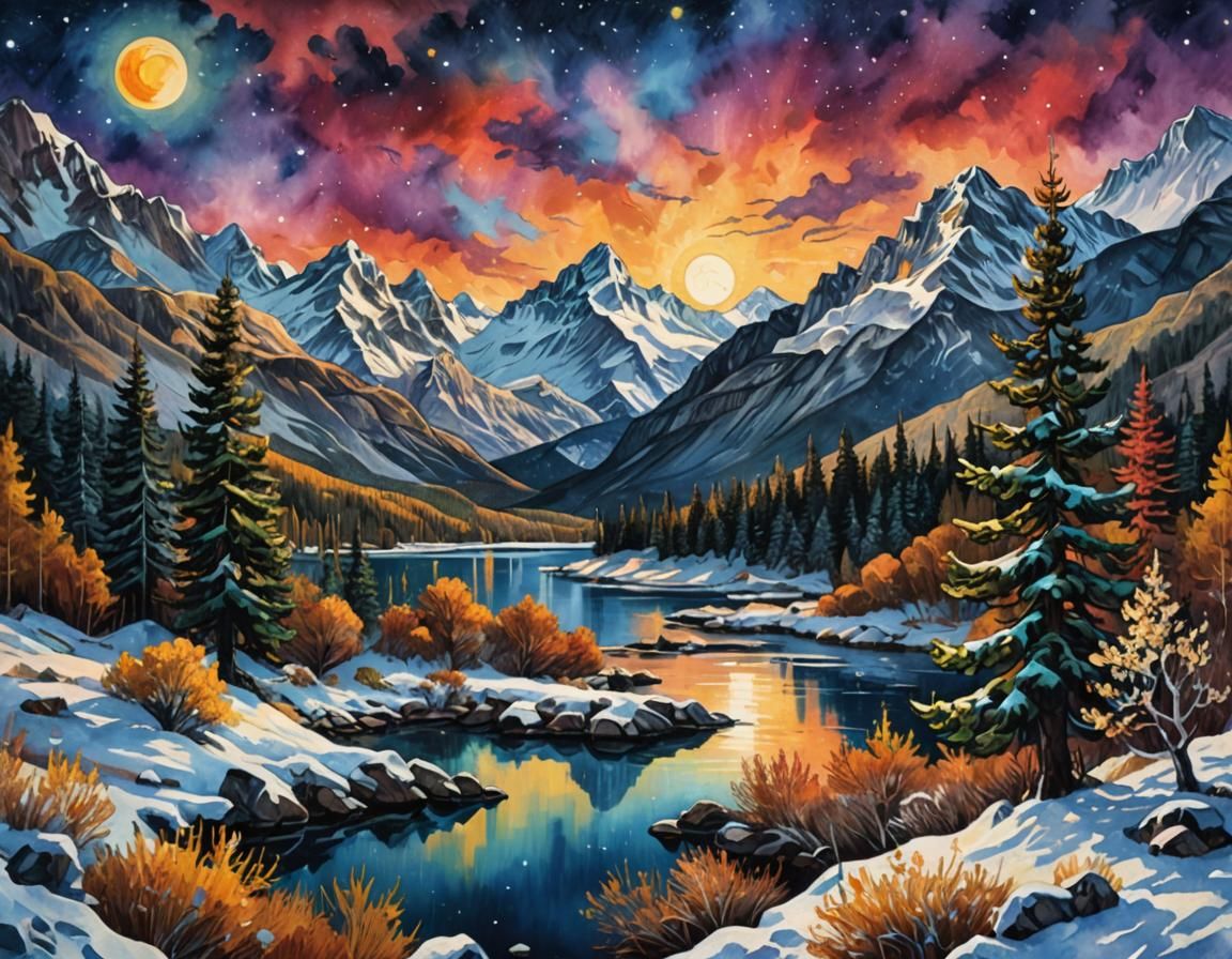 Winter Snow Forest Lake in Watercolor Style