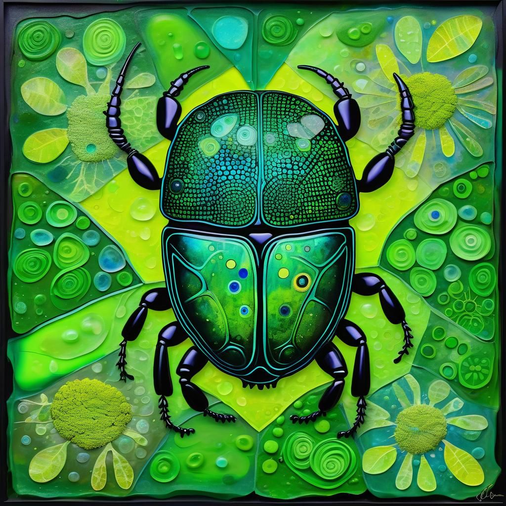 Bioluminescent Green Beetle in Surreal Mixed Media