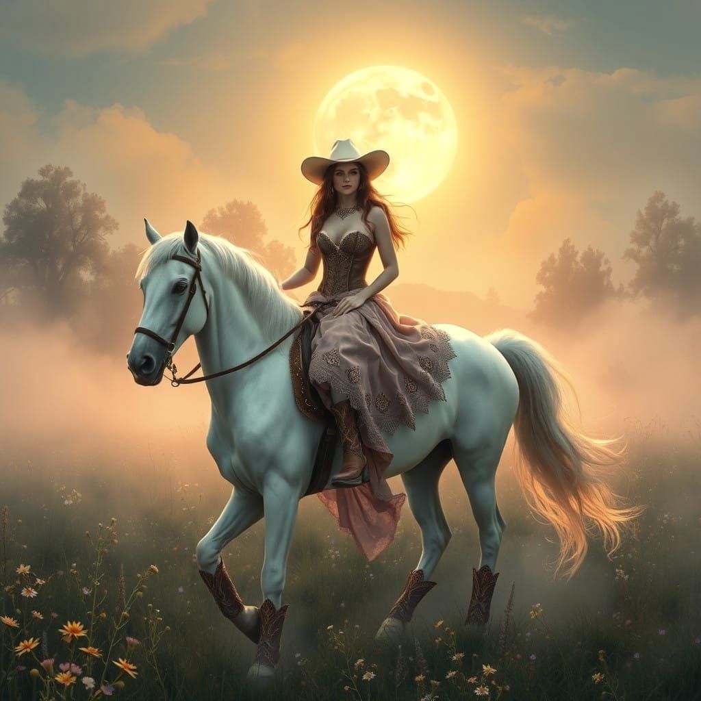 Ethereal Cowgirl in Enchanted Landscape
