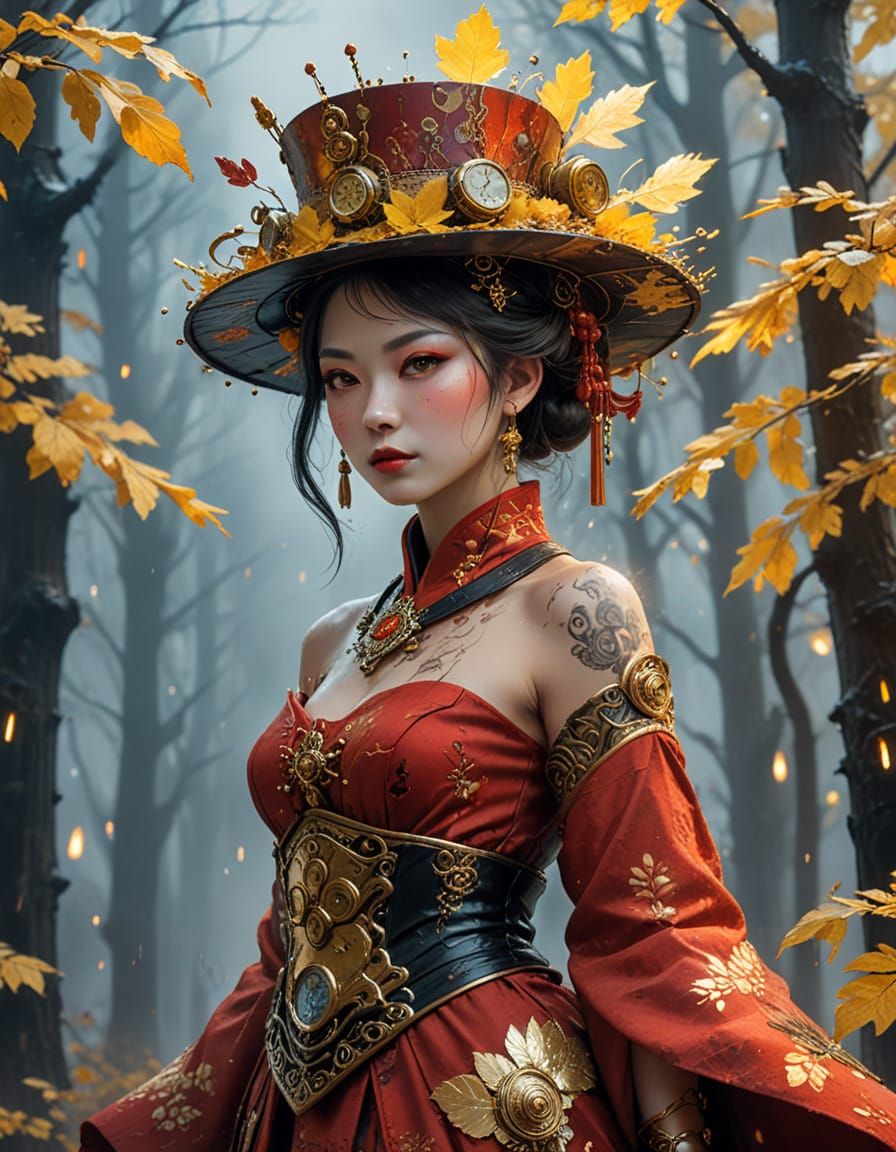 Steampunk Oiran in Misty Forest, Oil Painting Style