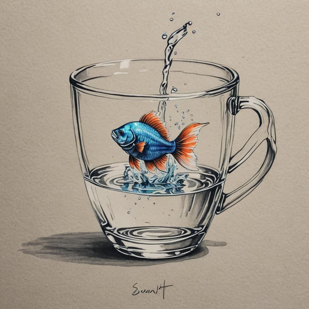 Minimalist Pencil Sketch of Teacup with Beta Fish