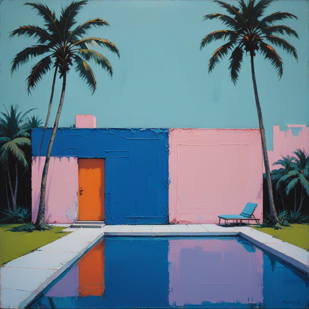 Surrealist Beach House in Minimalist Oil Painting Style