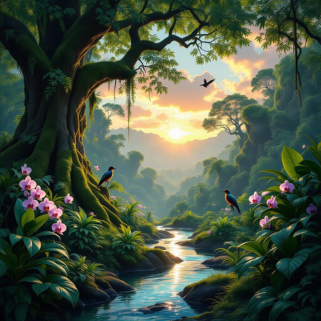 Lush Rainforest Sunrise with Volumetric Lighting