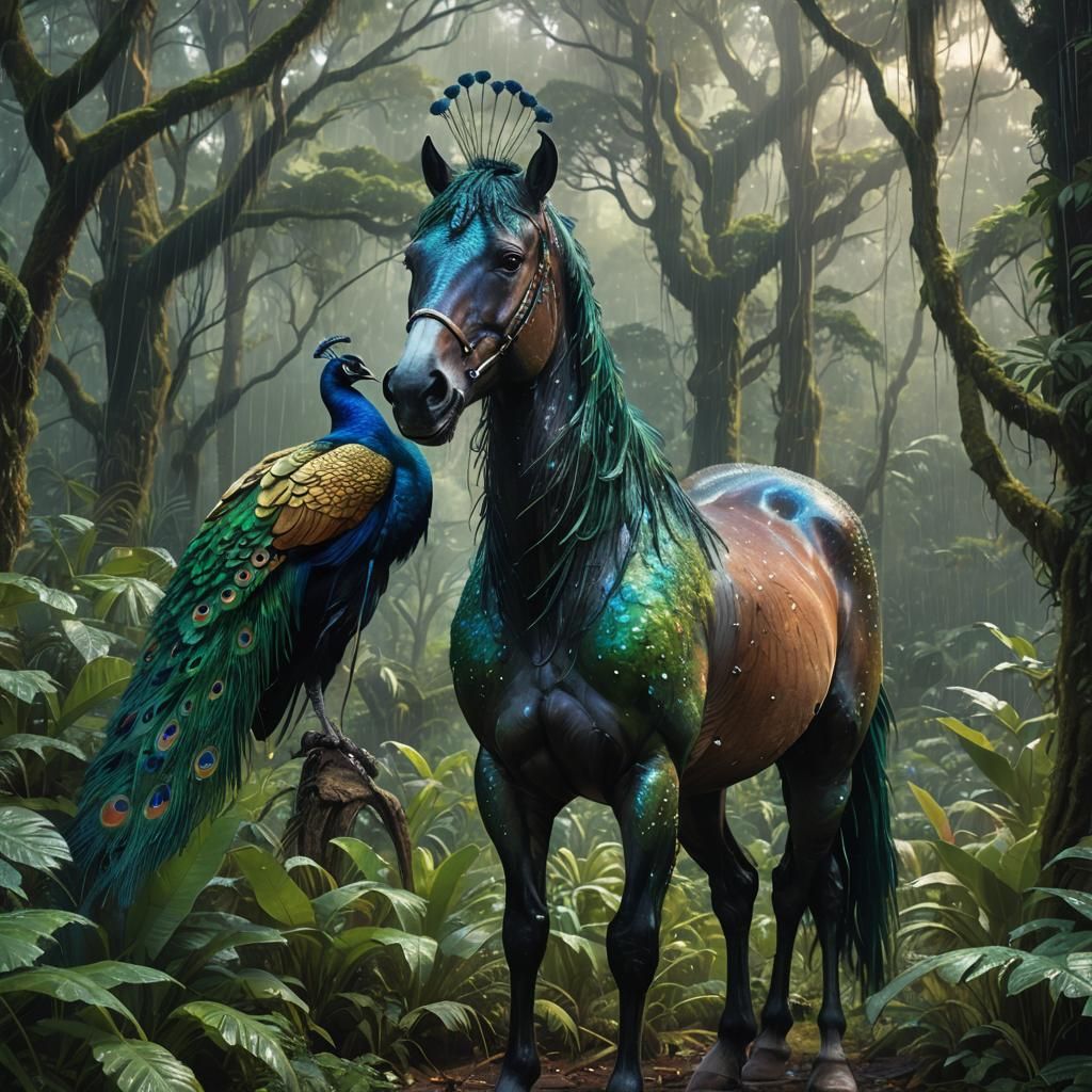 Horse and Peacock Hybrid in Emerald Rainforest