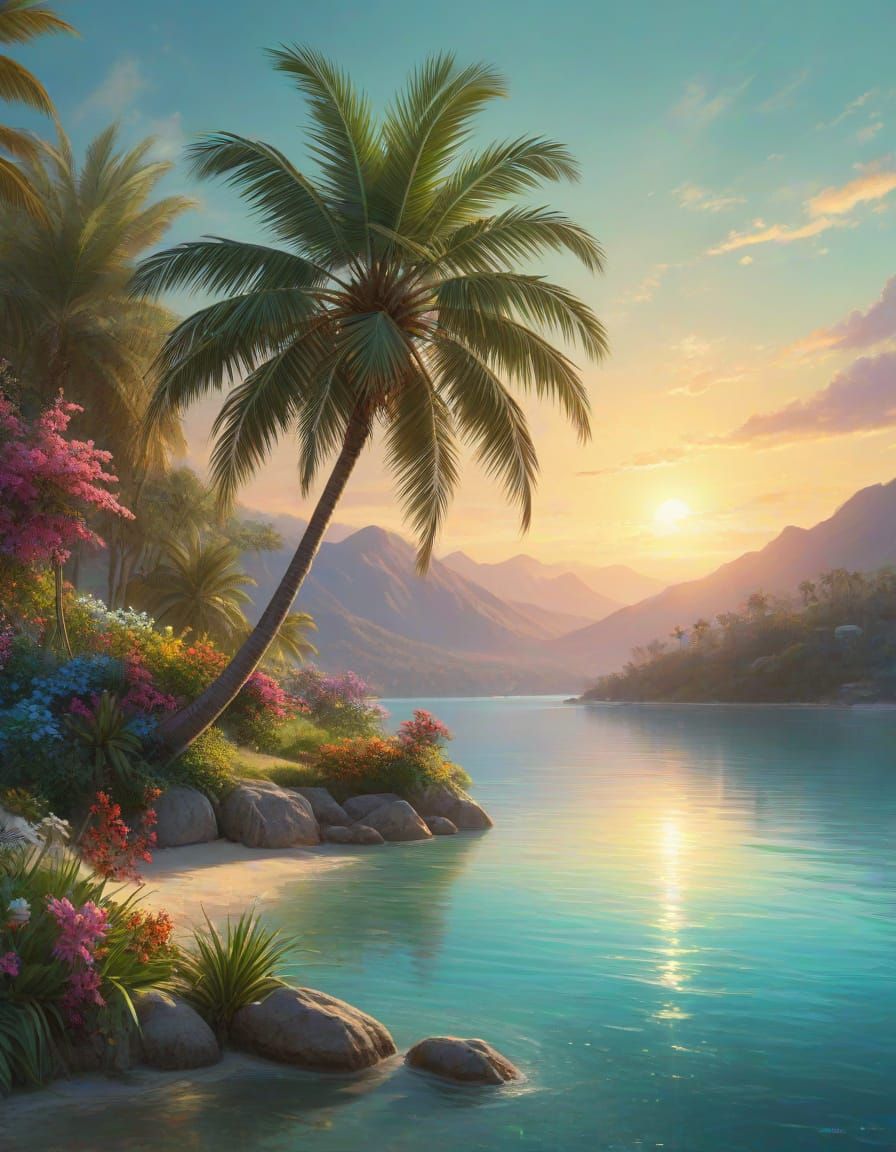 Serenely Beautiful Tropical Oasis in Soft Digital Painting