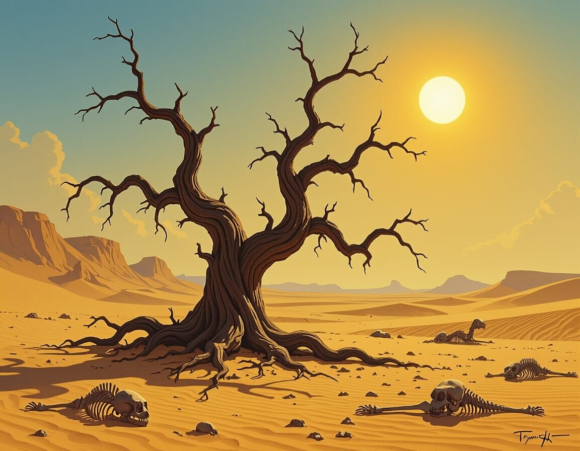 Withered Tree in Arid Desert, Eerie Landscape Style