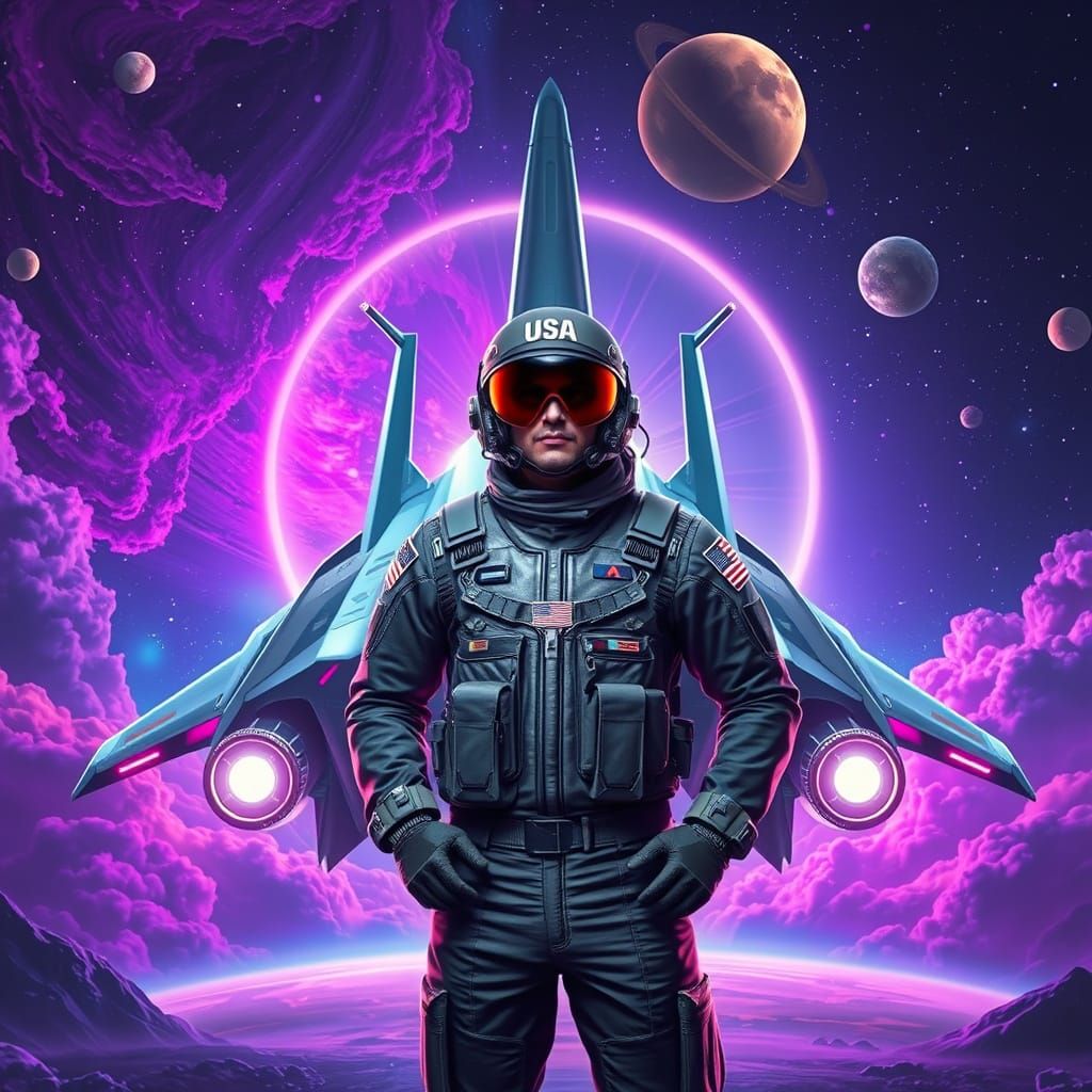 Gallant Space Force Pilot in a Neon Galaxy