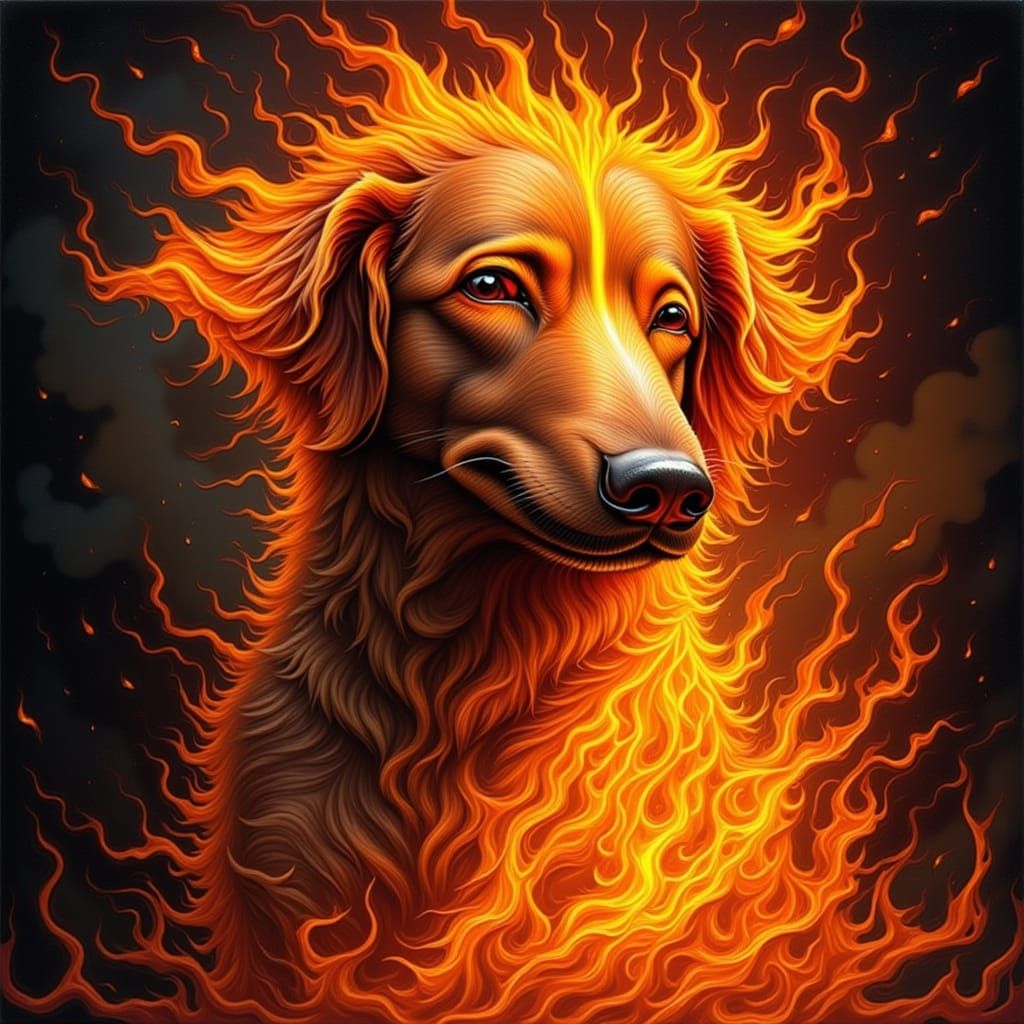 Fiery Dog Caricature with Burning Fur