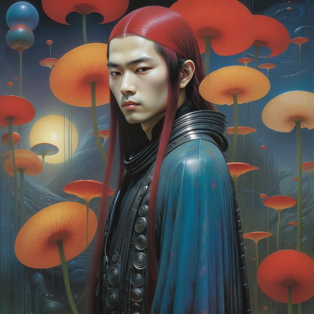 Asian Man in Kimono with Surrealist Lighting