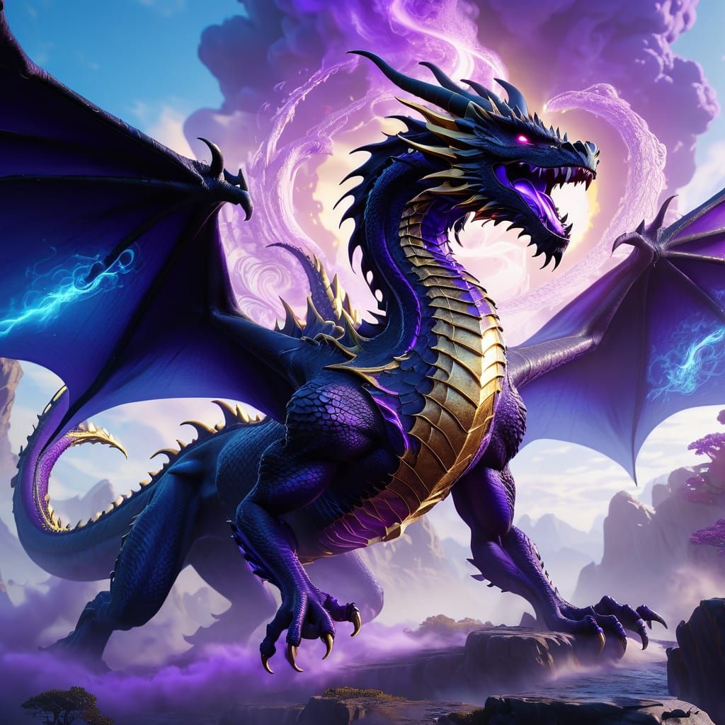 Muscular Black Dragon with Purple Outline in Flight
