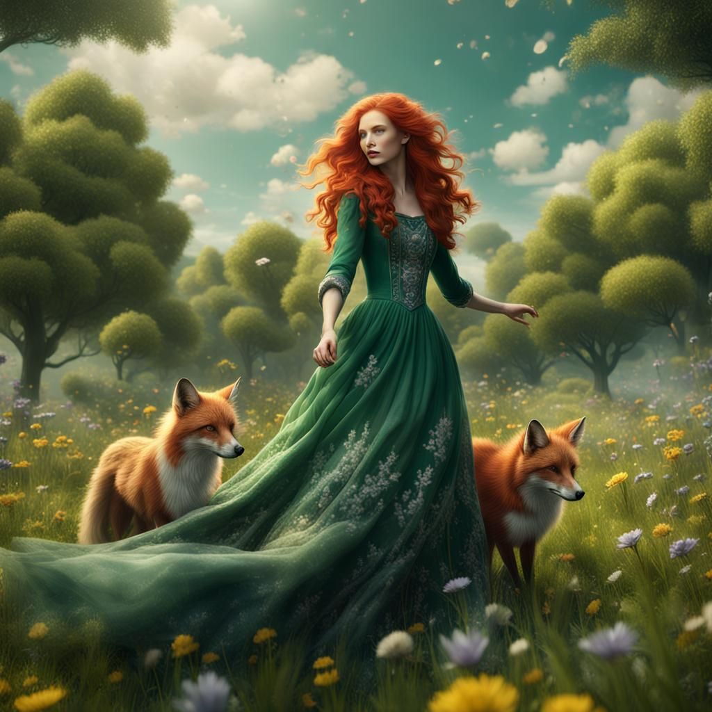 Redhead Lady with Fox on Flowery Meadow