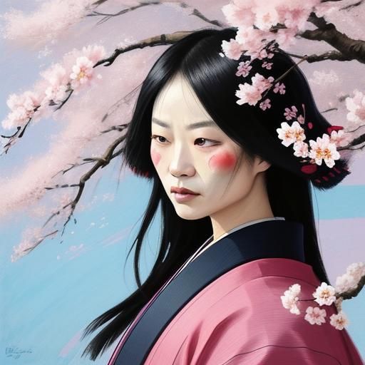 Emotional Portrait Under Cherry Blossoms in Expressionist St...