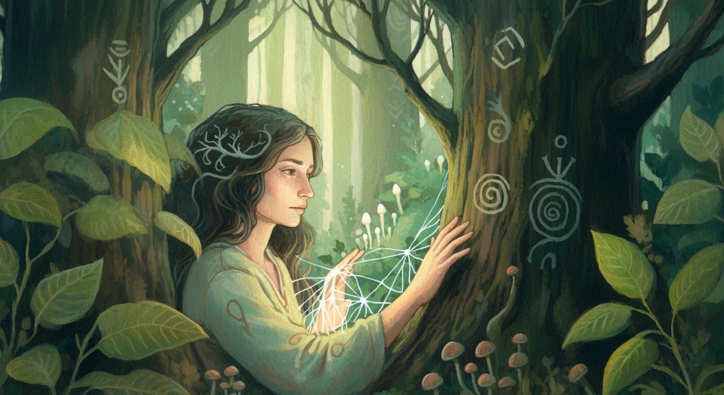 Woman Communicates with Forest Mycelium in Gouache Style