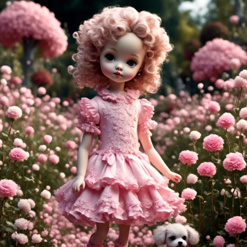 Whimsical Doll and Poodle in Rose Garden