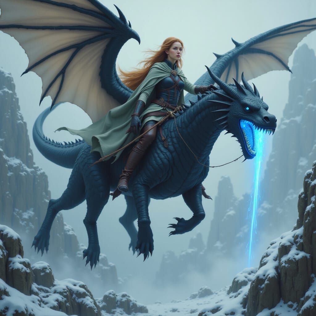 Celtic Princess on Dragon Soaring Over Snowy Peaks