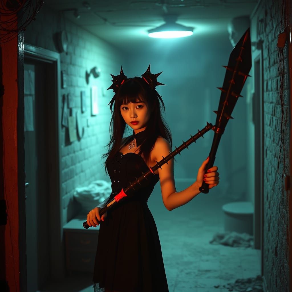Gothic Asian Woman with Spiked Bat