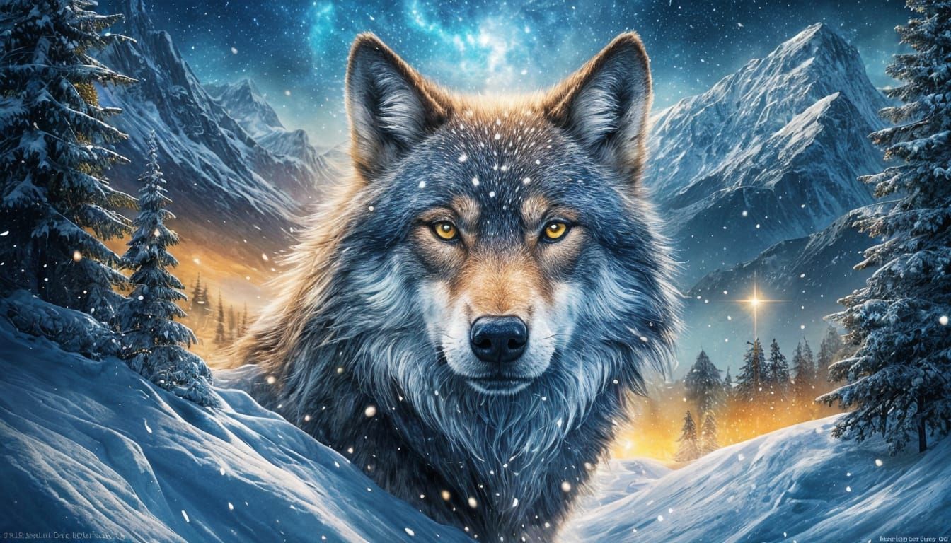 Surreal Wolf Portrait with Starry Sky