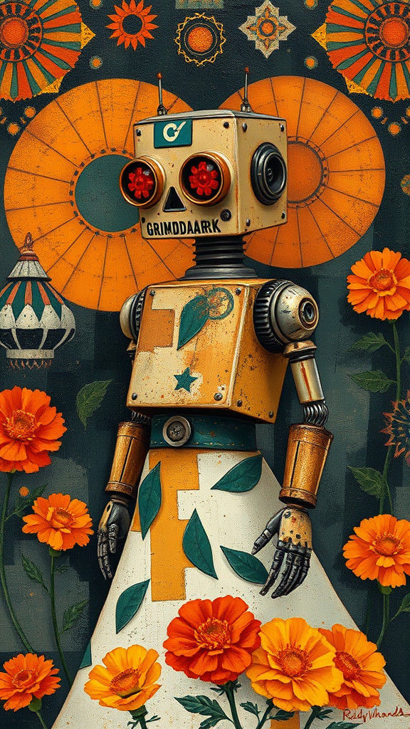 Aztec Grimdark Robot Bride with Marigolds