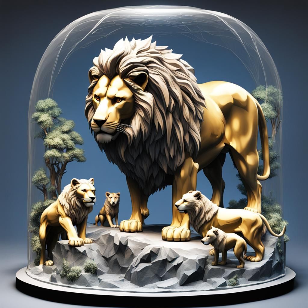 Create a humongous 3d lion encased in glass ready for battle against a humongous white Wolf. Lions and wolves surround t...