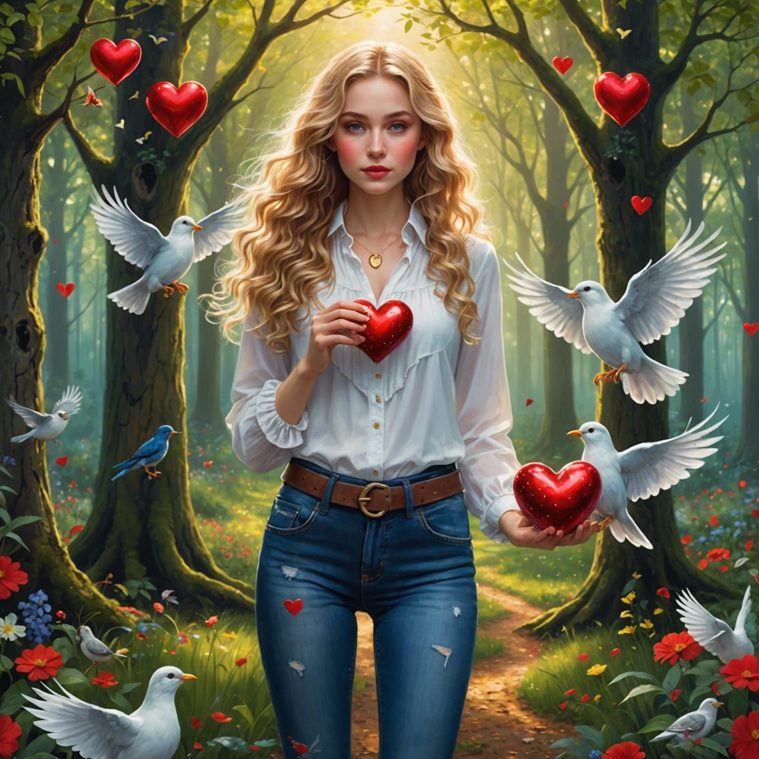 Woman in Forest with Floating Key to Heart
