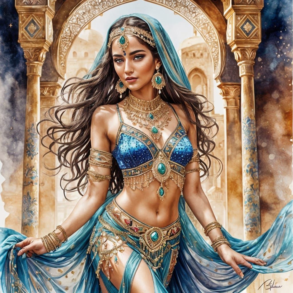Elegant Belly Dancer in Vibrant Watercolor Style