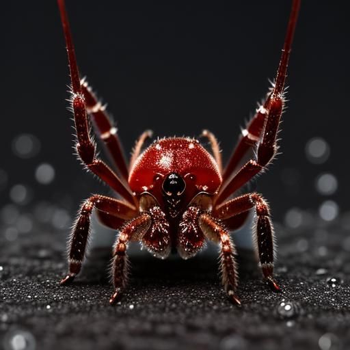 Moonlit Crimson Crab Spider in Dewdrop Splendor