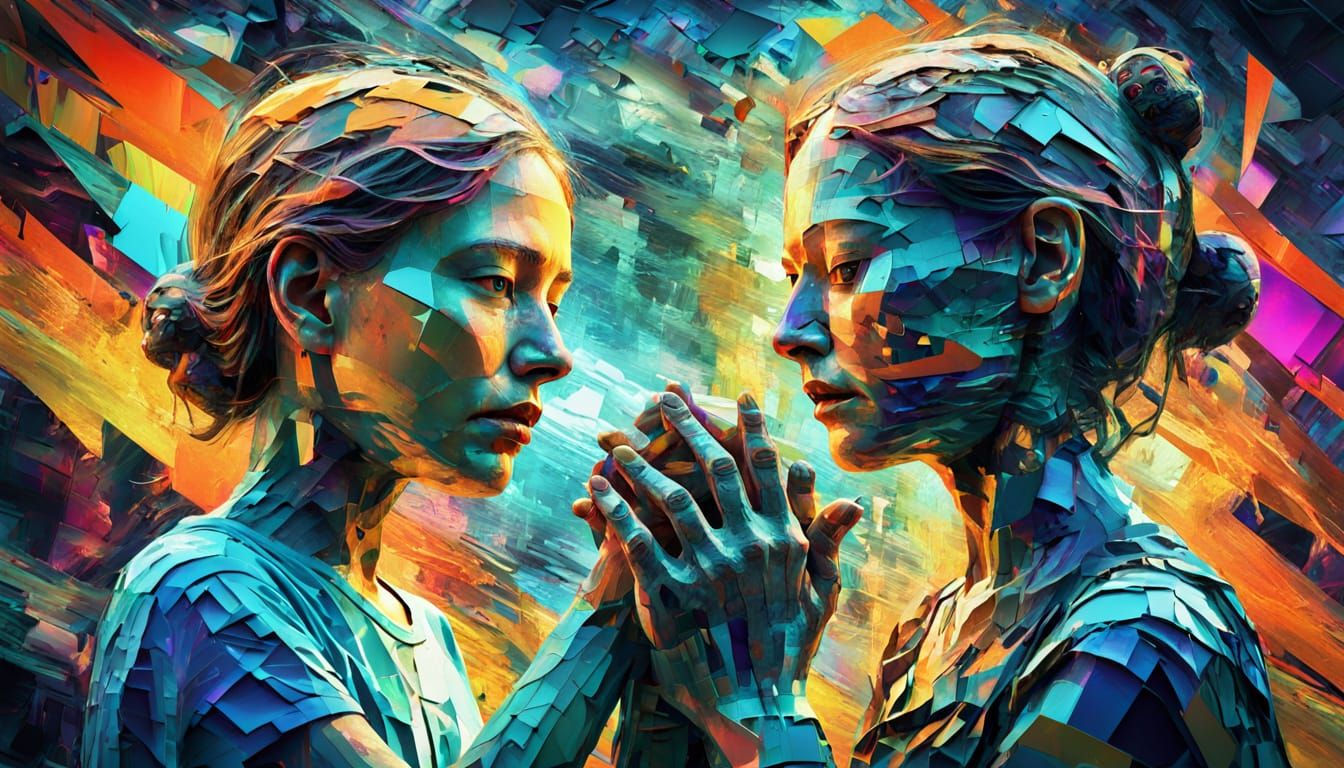 Surreal Digital Glitch Art: Mother and Child Portrait