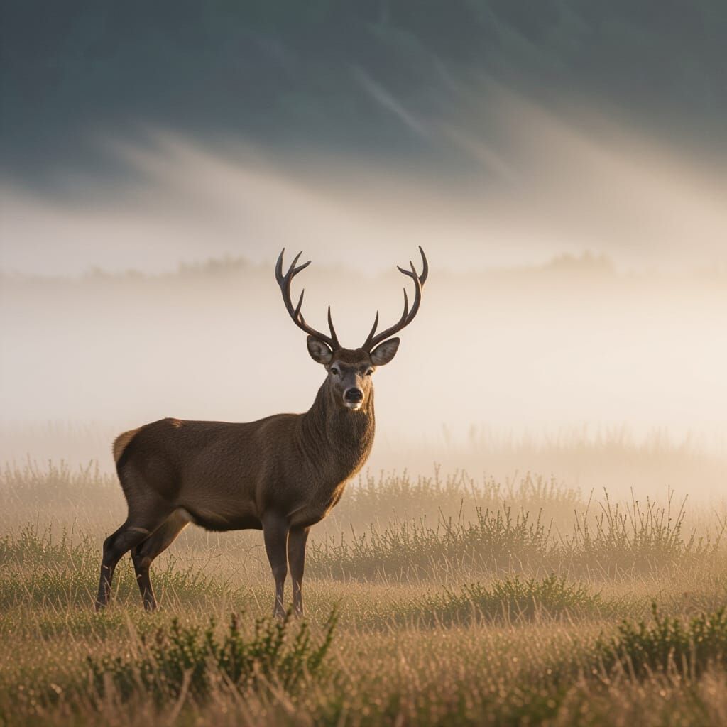 Mystical Deer in Foggy Field