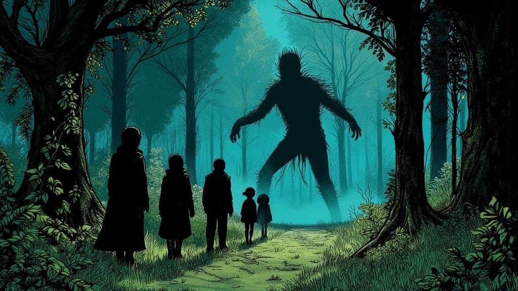 Figures Hide From Ominous Presence in Lush Forest