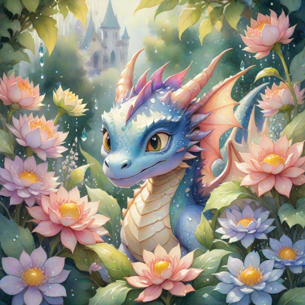 Playful Dragon Child in Whimsical Garden, Watercolor Style