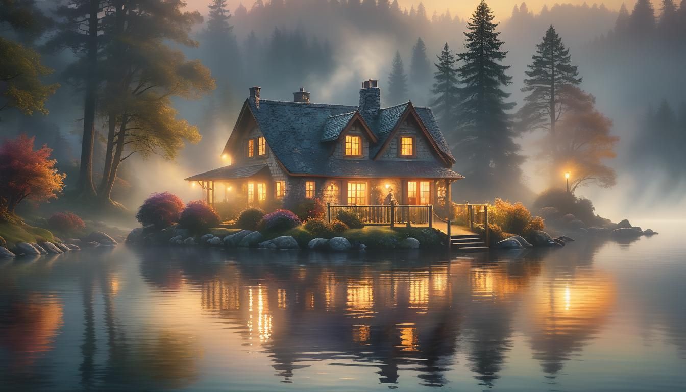 Fantasy Photobomber in Misty Lake Sunset