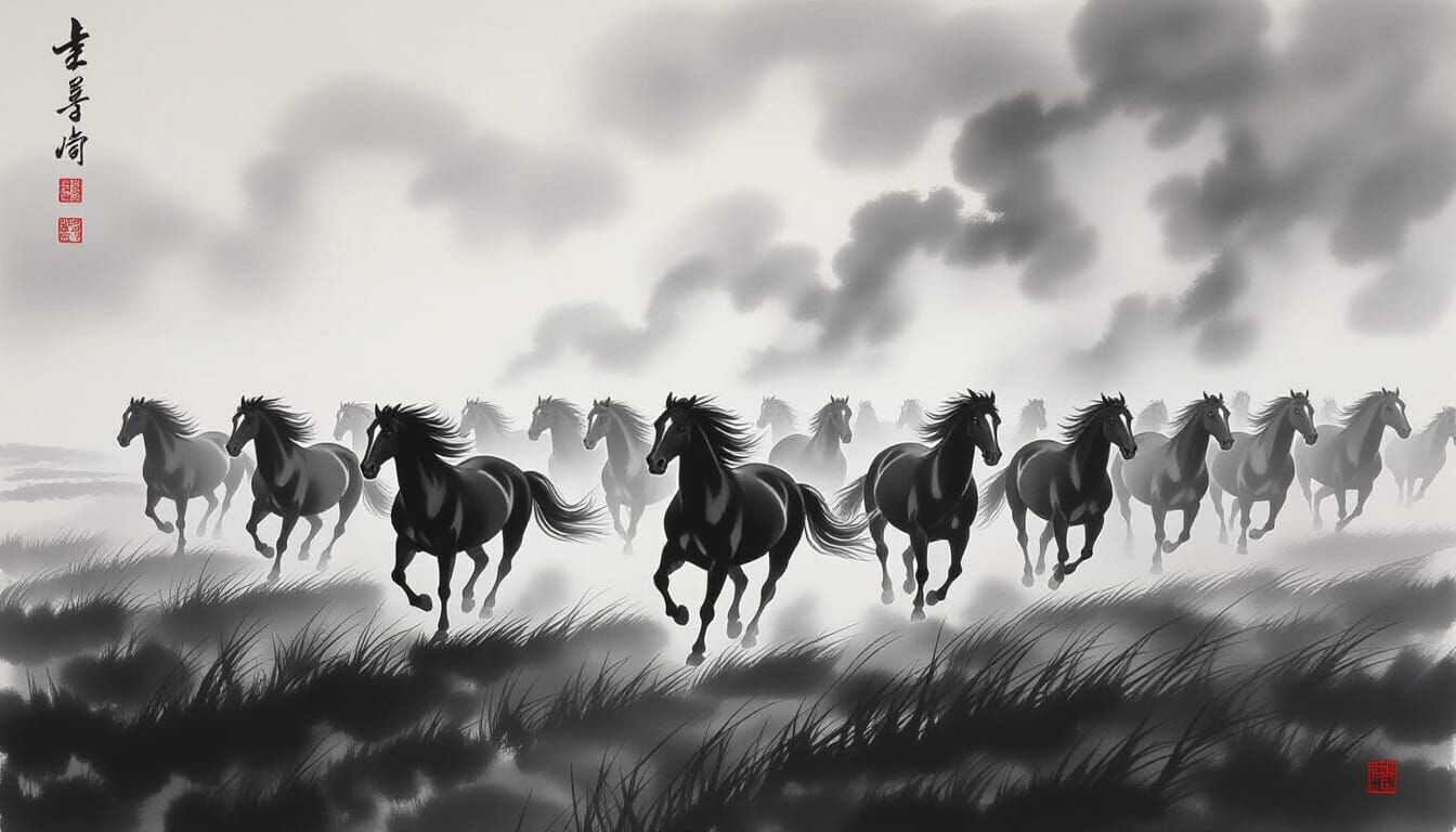 Galloping Horses in Chinese Ink Wash Painting