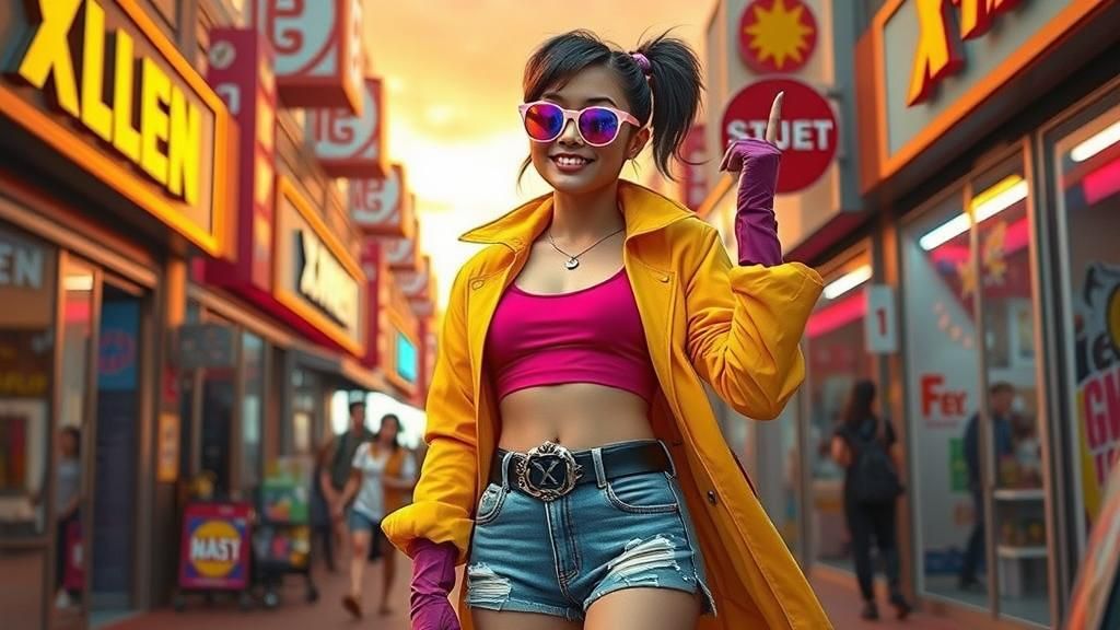 Jubilation Lee, aka Jubilee, a Chinese-American teenager, exuding confidence and joy, standing in the heart of a bustlin...